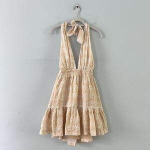 NWT Mon Renn Havana Crochet Print Tan Linen Halter Mini Dress